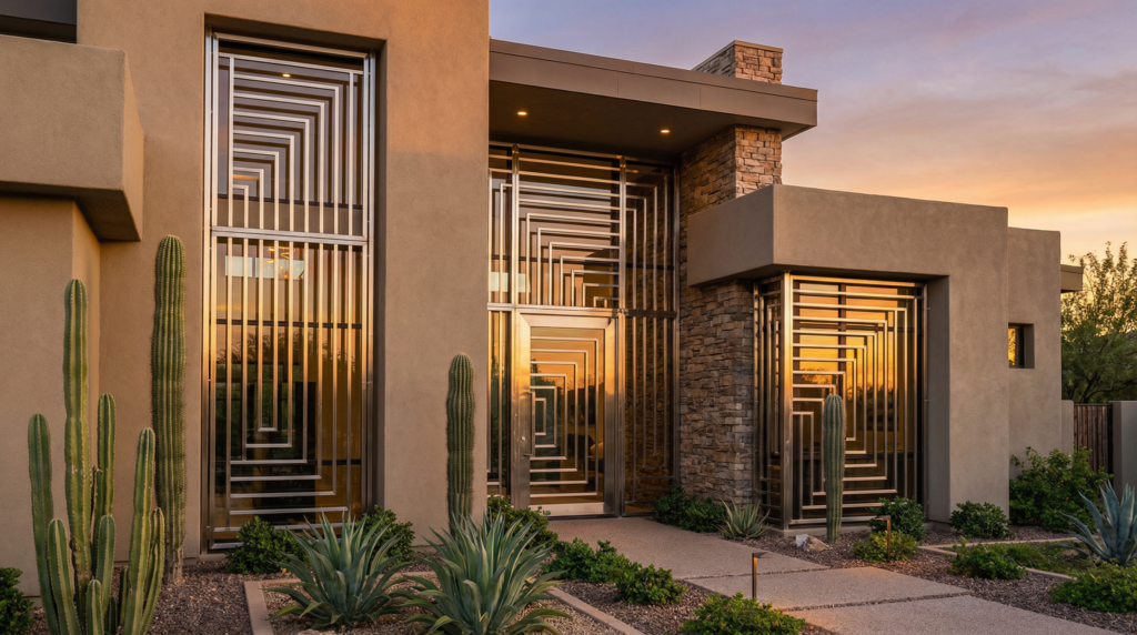 Phoenix Arizona home with stainless steel security screens at sunset