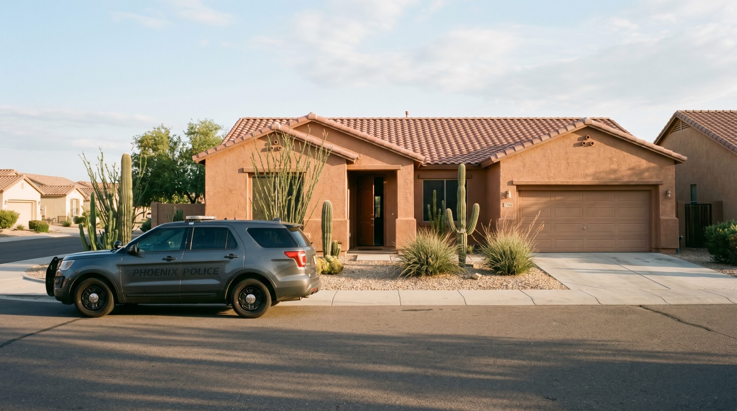 Phoenix Arizona home with police vehicle parked at the curb after a break-in