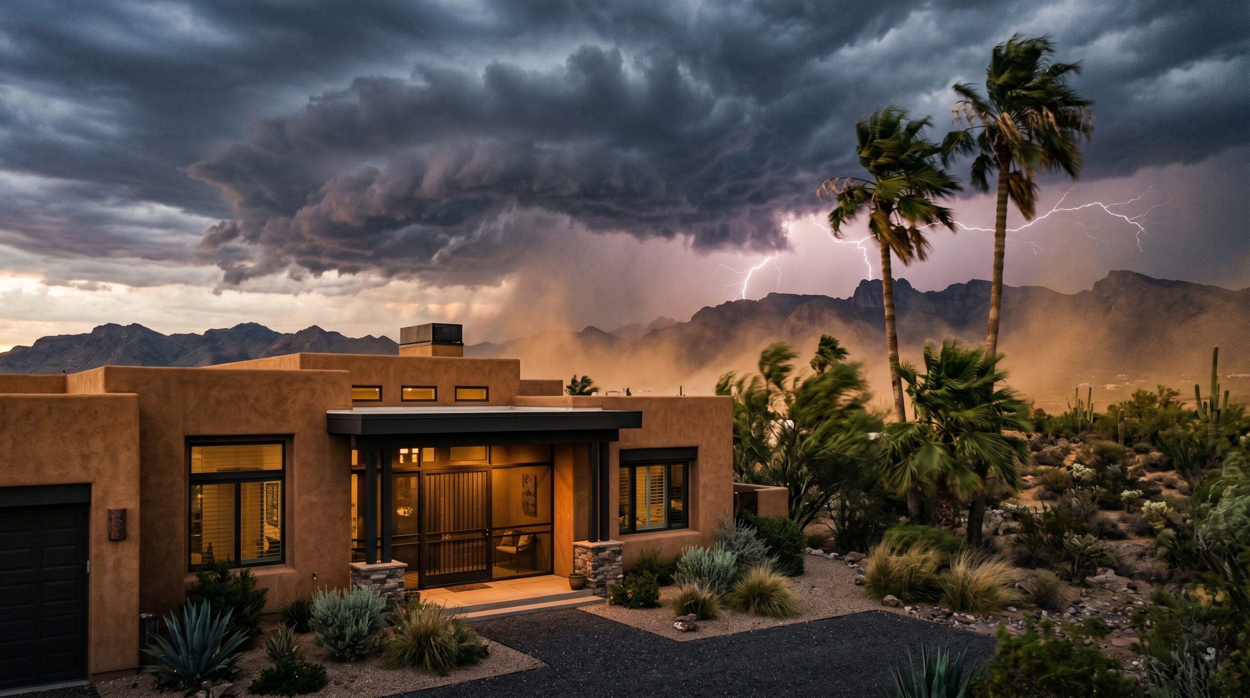 Phoenix Arizona home during a monsoon storm with security screens installed