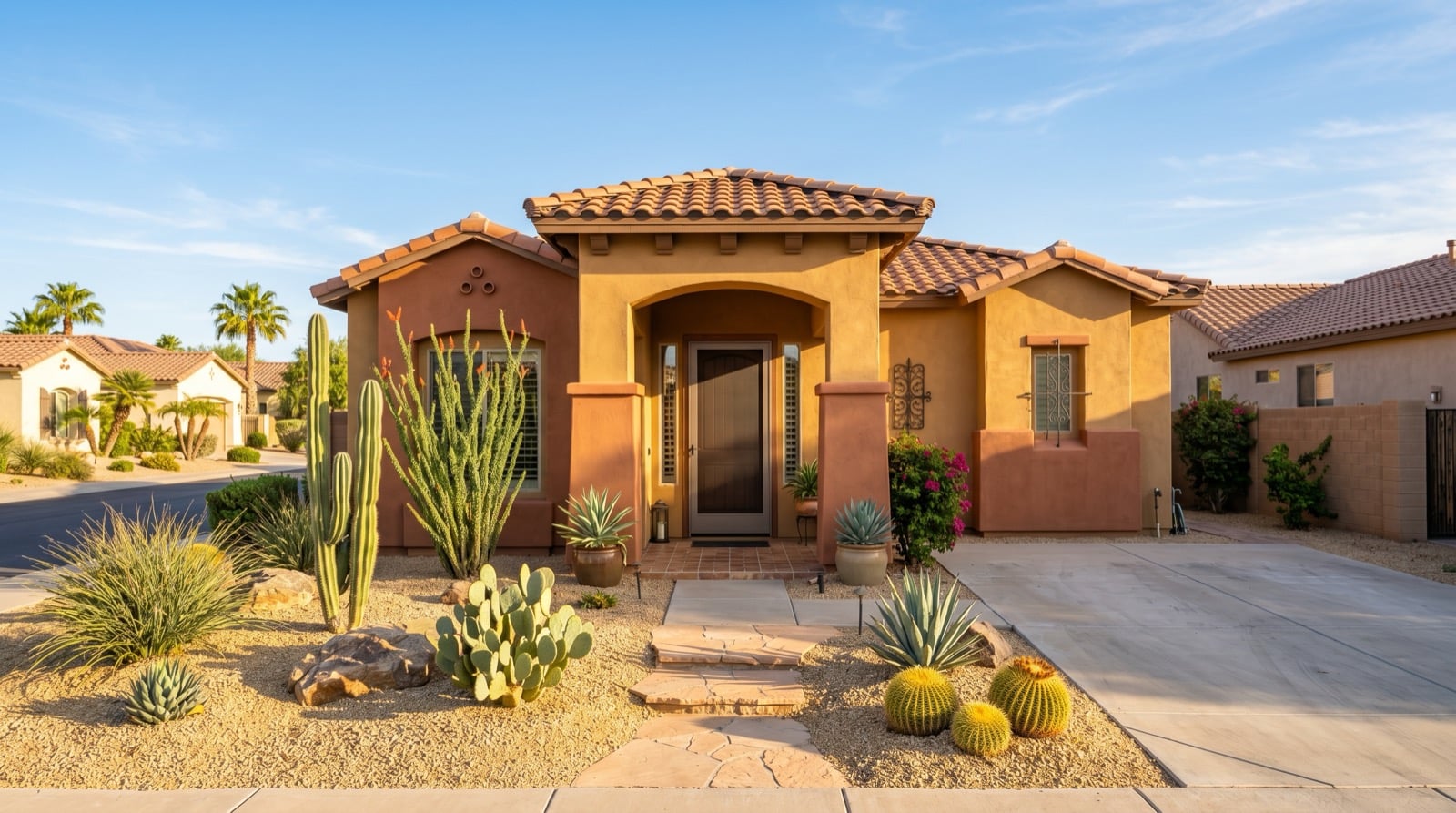 Phoenix HOA home with an HOA-approved security screen door that matches the trim
